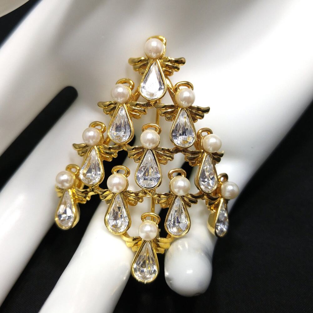 BW Angel Christmas Tree Brooch, Gold Plated, Book Piece, 1970s Vintage Jewelry